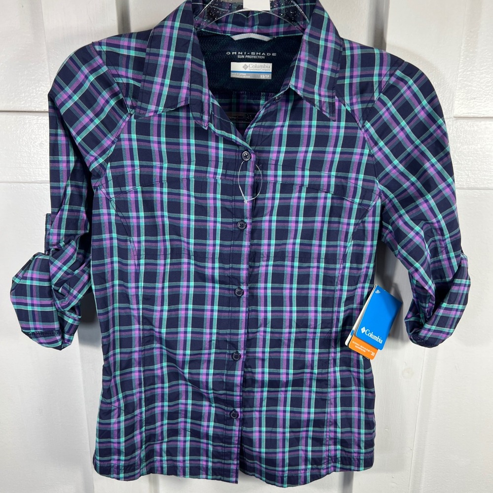 Columbia Silver Ridge Plaid Long Sleeve Shirt Navy Purple Teal AL7077-497 XS